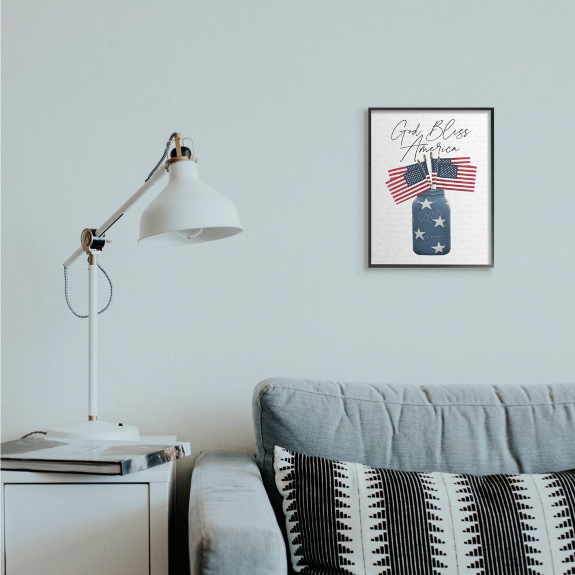 Stupell Industries Patriotic God Bless America Country Quote Jar Flags Framed Wall Art